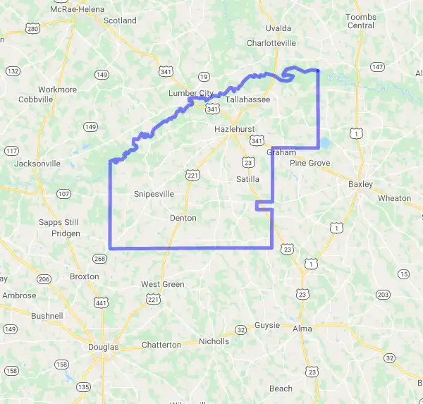 County level USDA loan eligibility boundaries for Jeff Davis, Georgia