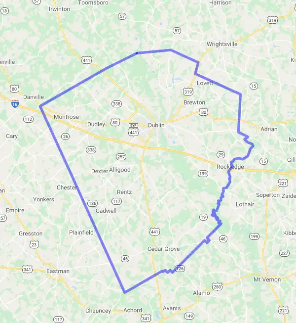 County level USDA loan eligibility boundaries for Laurens, Georgia