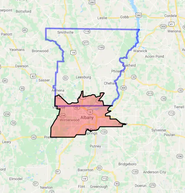 County level USDA loan eligibility boundaries for Lee, Georgia