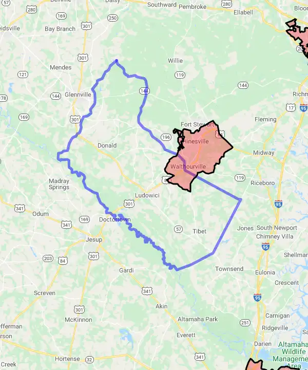 County level USDA loan eligibility boundaries for Long, Georgia