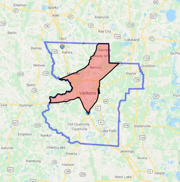 County level USDA loan eligibility boundaries for Lowndes, Georgia