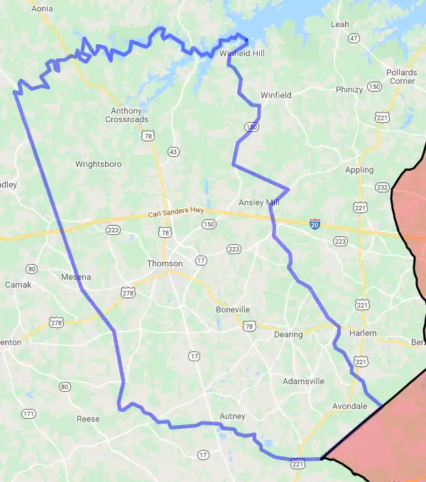 County level USDA loan eligibility boundaries for McDuffie, Georgia