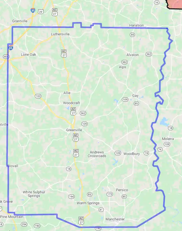 County level USDA loan eligibility boundaries for Meriwether, Georgia