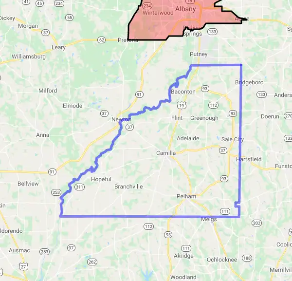 County level USDA loan eligibility boundaries for Mitchell, Georgia