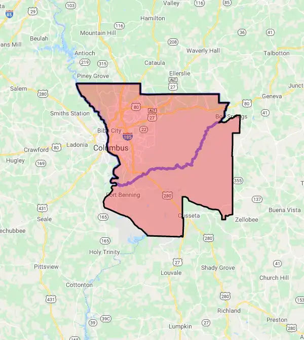 County level USDA loan eligibility boundaries for Muscogee, Georgia