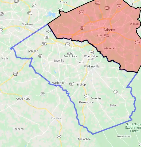 County level USDA loan eligibility boundaries for Oconee, Georgia