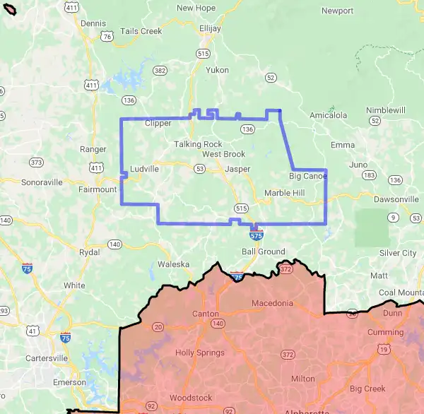 County level USDA loan eligibility boundaries for Pickens, GA