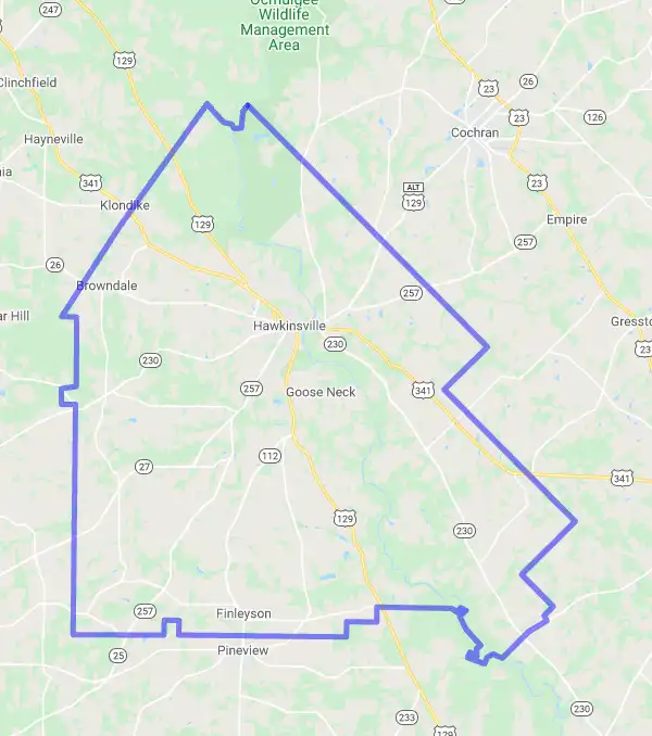 County level USDA loan eligibility boundaries for Pulaski, Georgia