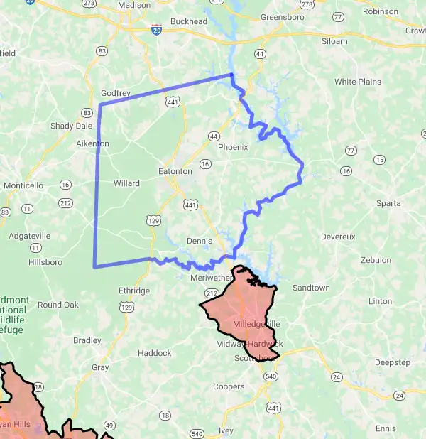 County level USDA loan eligibility boundaries for Putnam, Georgia