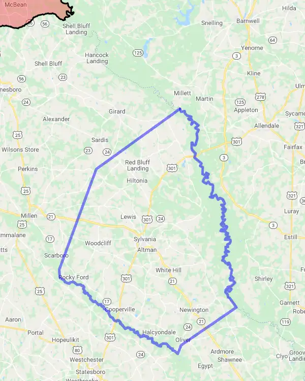 County level USDA loan eligibility boundaries for Screven, Georgia