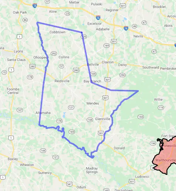 County level USDA loan eligibility boundaries for Tattnall, Georgia