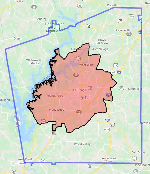 County level USDA loan eligibility boundaries for Troup, Georgia