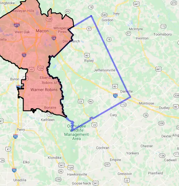County level USDA loan eligibility boundaries for Twiggs, Georgia
