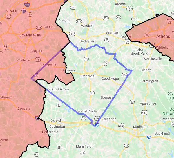 County level USDA loan eligibility boundaries for Walton, Georgia