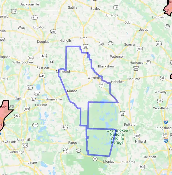County level USDA loan eligibility boundaries for Ware, Georgia