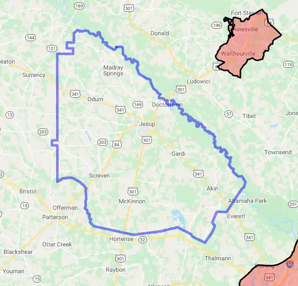 County level USDA loan eligibility boundaries for Wayne, Georgia