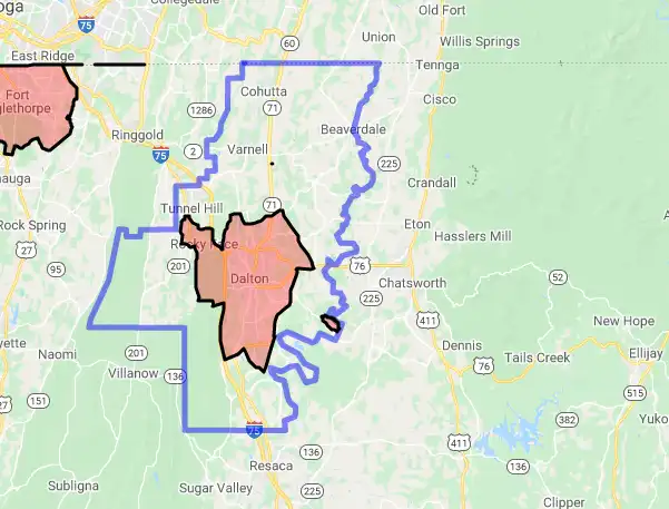 County level USDA loan eligibility boundaries for Whitfield, GA