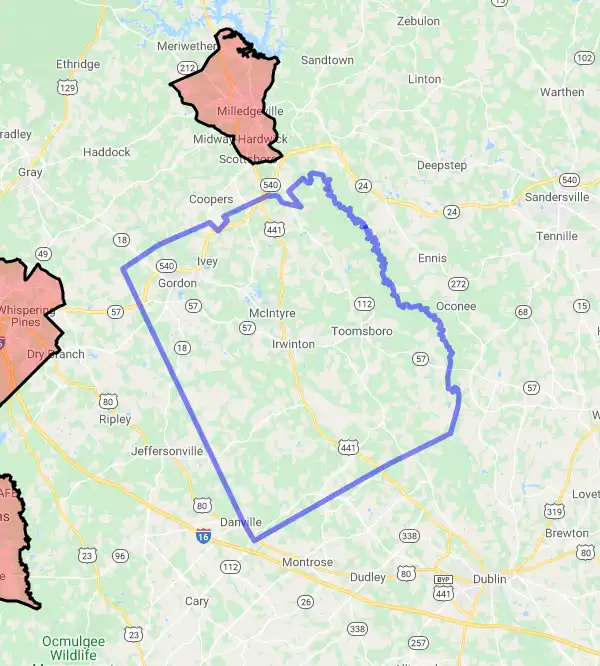 County level USDA loan eligibility boundaries for Wilkinson, Georgia