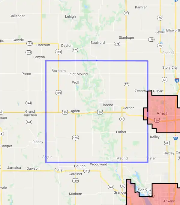 County level USDA loan eligibility boundaries for Boone, Iowa
