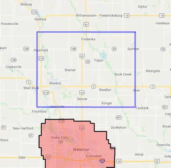 County level USDA loan eligibility boundaries for Bremer, Iowa