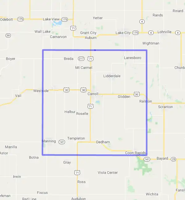 County level USDA loan eligibility boundaries for Carroll, Iowa