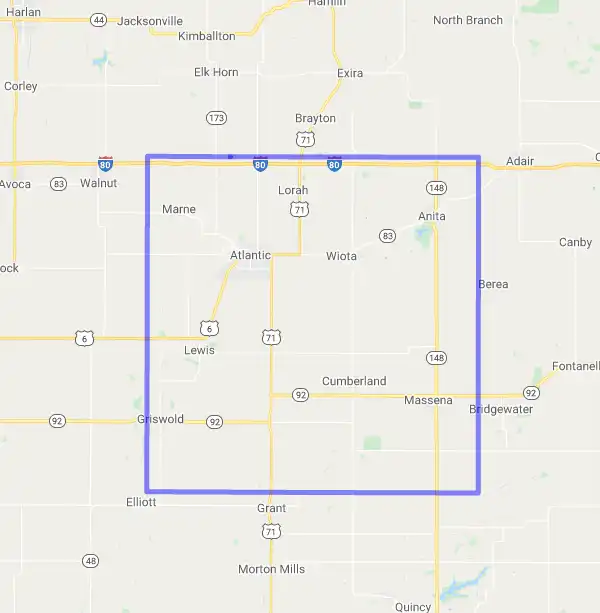 County level USDA loan eligibility boundaries for Cass, Iowa