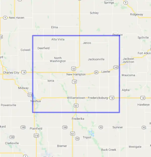County level USDA loan eligibility boundaries for Chickasaw, Iowa