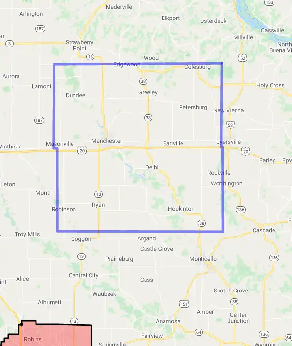 County level USDA loan eligibility boundaries for Delaware, Iowa