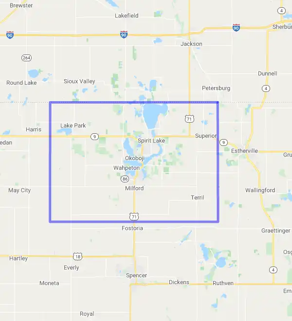 County level USDA loan eligibility boundaries for Dickinson, Iowa