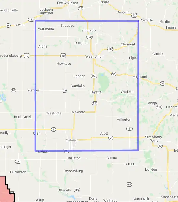 County level USDA loan eligibility boundaries for Fayette, Iowa