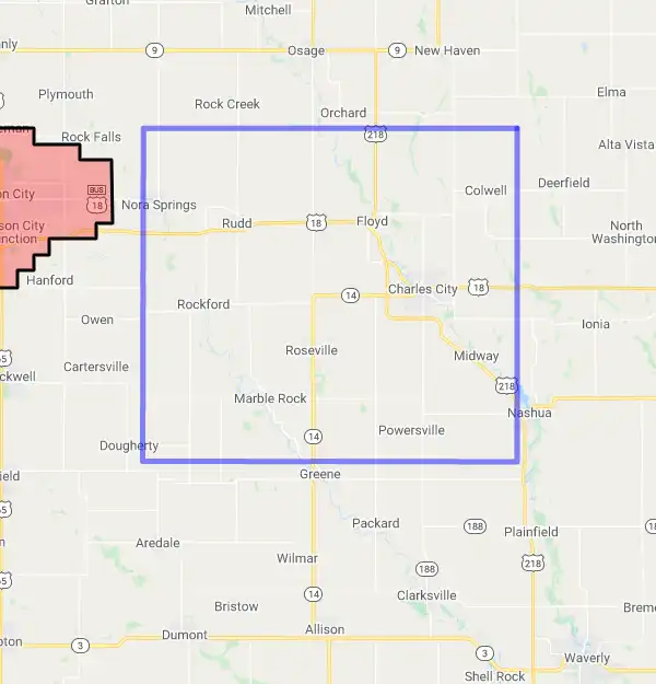County level USDA loan eligibility boundaries for Floyd, Iowa