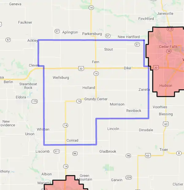 County level USDA loan eligibility boundaries for Grundy, Iowa