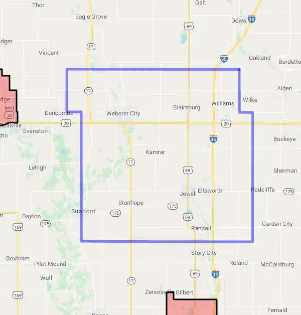County level USDA loan eligibility boundaries for Hamilton, Iowa