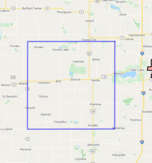 County level USDA loan eligibility boundaries for Hancock, Iowa
