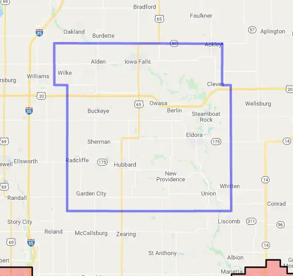 County level USDA loan eligibility boundaries for Hardin, Iowa
