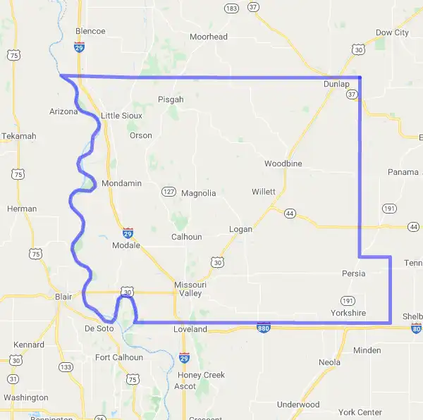 County level USDA loan eligibility boundaries for Harrison, Iowa