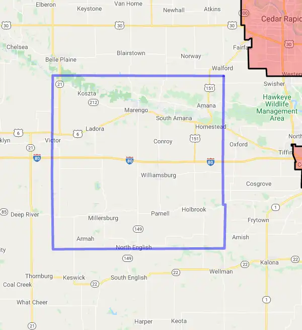 County level USDA loan eligibility boundaries for Iowa, IA