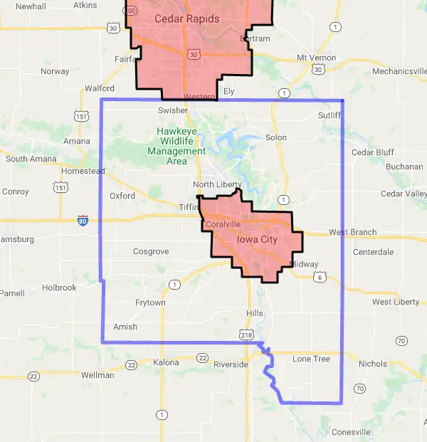 County level USDA loan eligibility boundaries for Johnson, Iowa