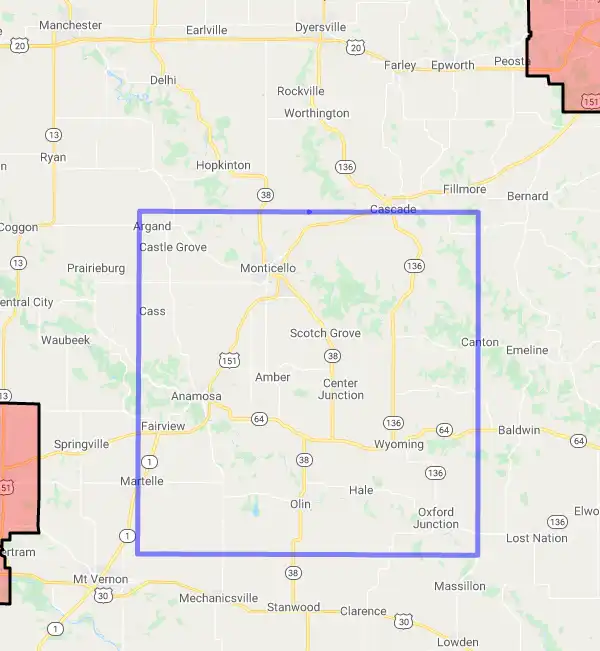 County level USDA loan eligibility boundaries for Jones, Iowa