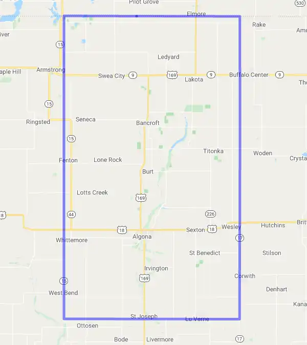 County level USDA loan eligibility boundaries for Kossuth, Iowa