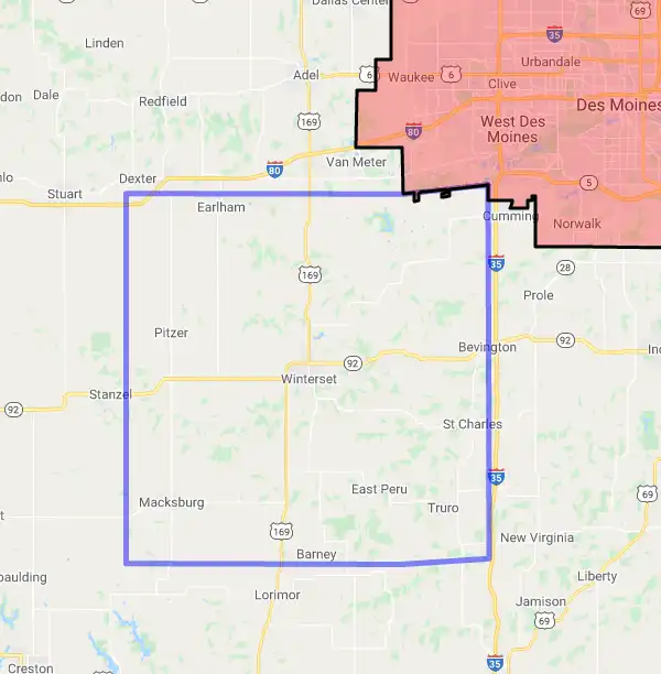 County level USDA loan eligibility boundaries for Madison, Iowa
