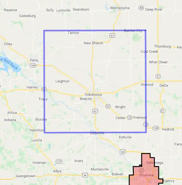 County level USDA loan eligibility boundaries for Mahaska, Iowa