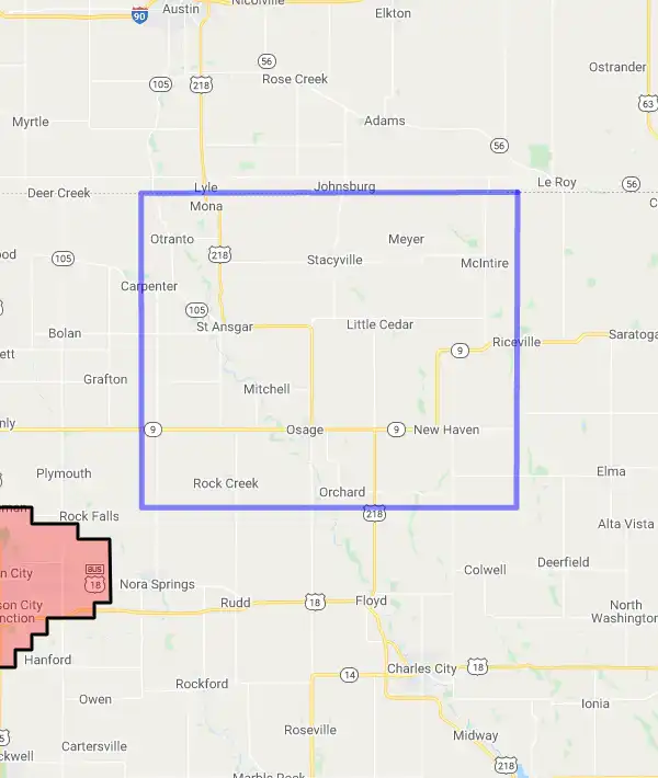 County level USDA loan eligibility boundaries for Mitchell, Iowa