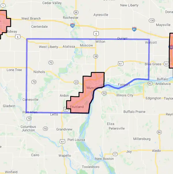 County level USDA loan eligibility boundaries for Muscatine, Iowa