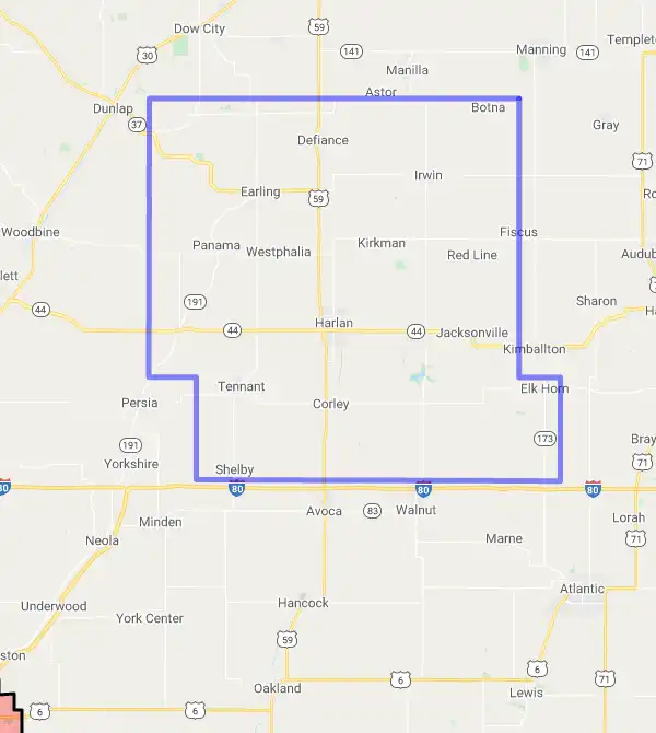 County level USDA loan eligibility boundaries for Shelby, Iowa