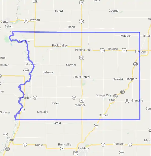 County level USDA loan eligibility boundaries for Sioux, Iowa