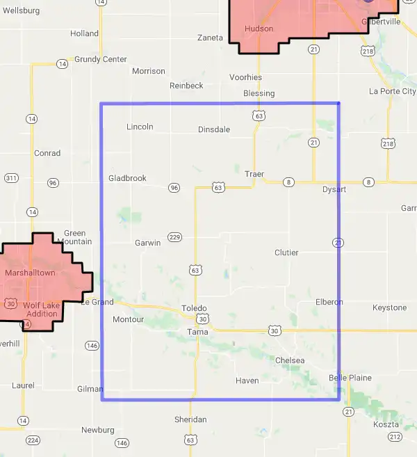 County level USDA loan eligibility boundaries for Tama, Iowa