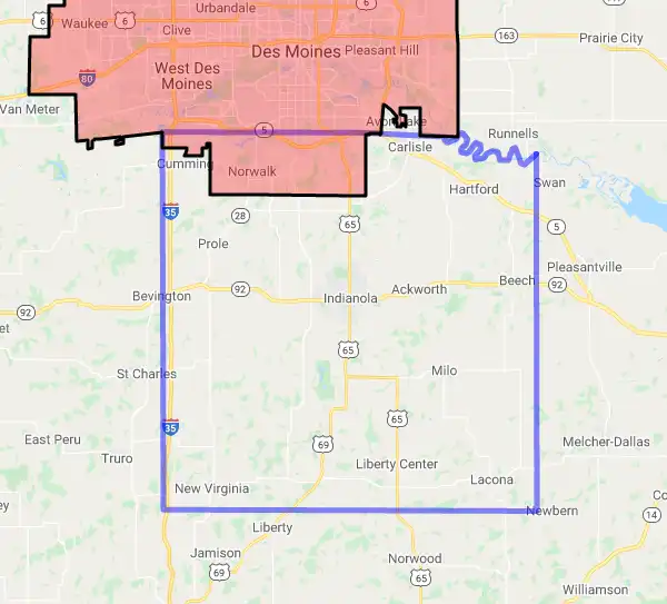 County level USDA loan eligibility boundaries for Warren, Iowa