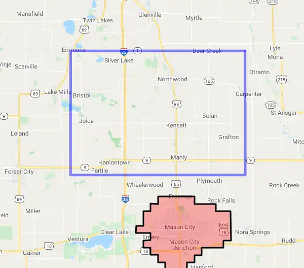 County level USDA loan eligibility boundaries for Worth, Iowa