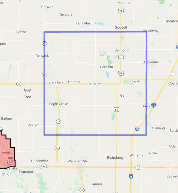 County level USDA loan eligibility boundaries for Wright, Iowa